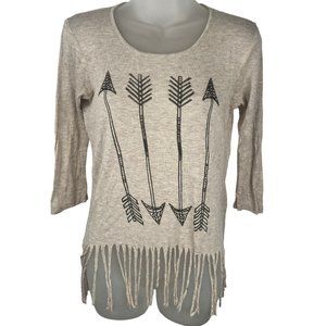 Freshwear T-Shirt Top Blouse Arrows Fringe Bottom Beige Layering Women's Size XS